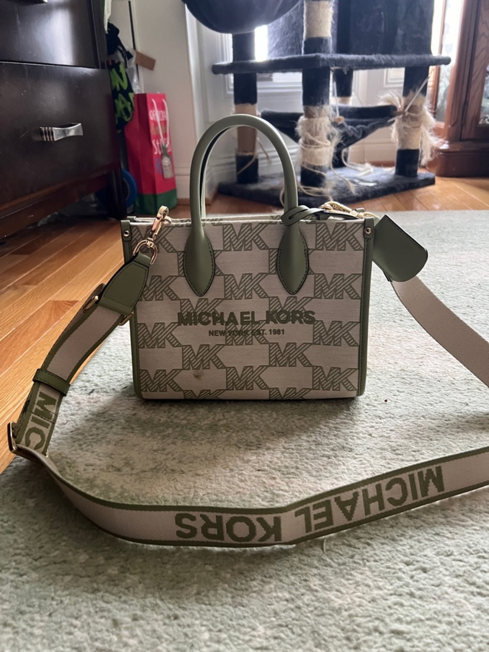 Michael Kors Olive and Cream Logo Satchel with Branded Strap